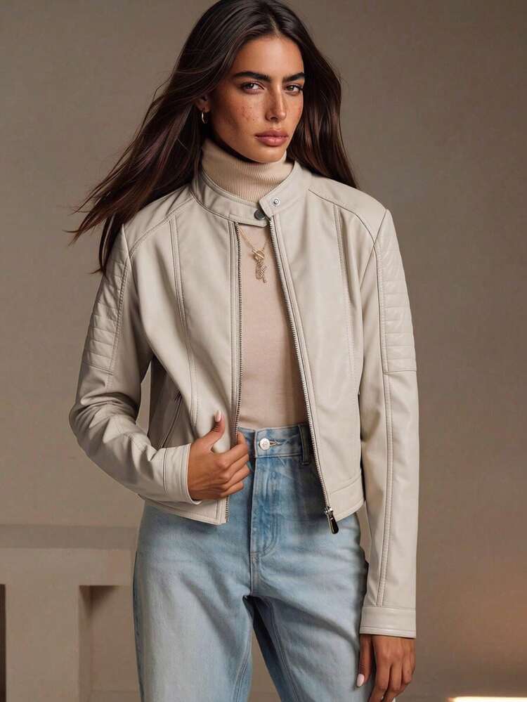 Giolshon Women's PU Motorcycle Jacket, Streetwear Design, With Zipper Pockets, Suitable For Urban Commute And Travel, Balancing Style And Practicality, Suitable For Spring - Beige - View 4