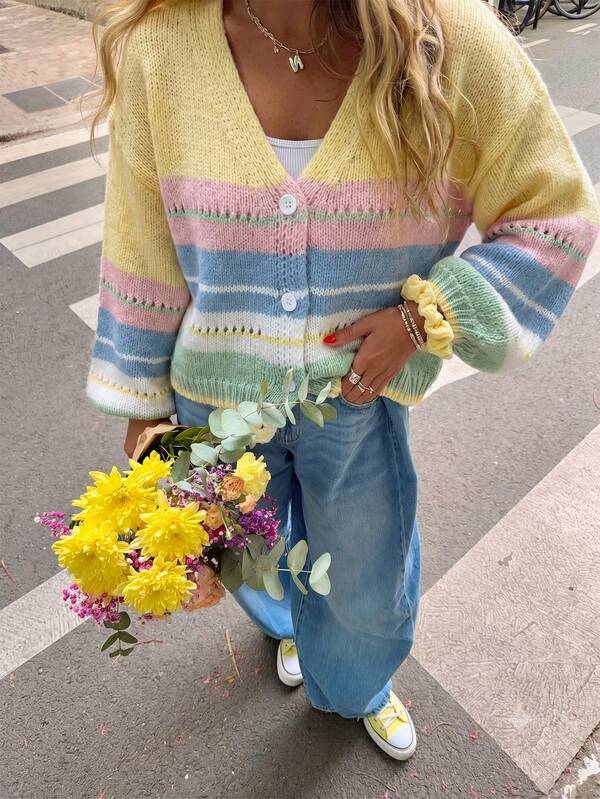 SEREN New Autumn/Winter V-Neck Striped Color-Block Knit Cardigan, Loose, Casual, Retro, Women's Sweater Jacket, Y2K Top