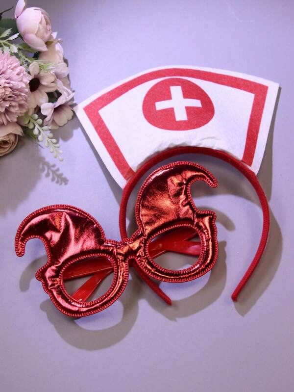 Set de 2 piezas de gafas rojas & diadema de enfermera, adecuado para (Halloween, actuación de atmósfera, juego de roles, foto de fiesta, accesorios de foto de vacaciones)