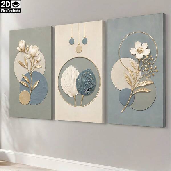 3pcs/1set - Floral And Leaf Design Theme Canvas Wall Art With Blue, Beige And Gold Tones, Waterproof Canvas Print, Unframed, Home Room Decor Gift, Suitable For Father's Day, Graduation, Birthday, Back To School, Mother's Day And Christmas
