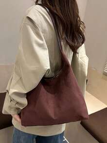 時尚復古休閒簡約通勤大容量托特包 女款小眾單肩包 - 咖啡 - 查看 5