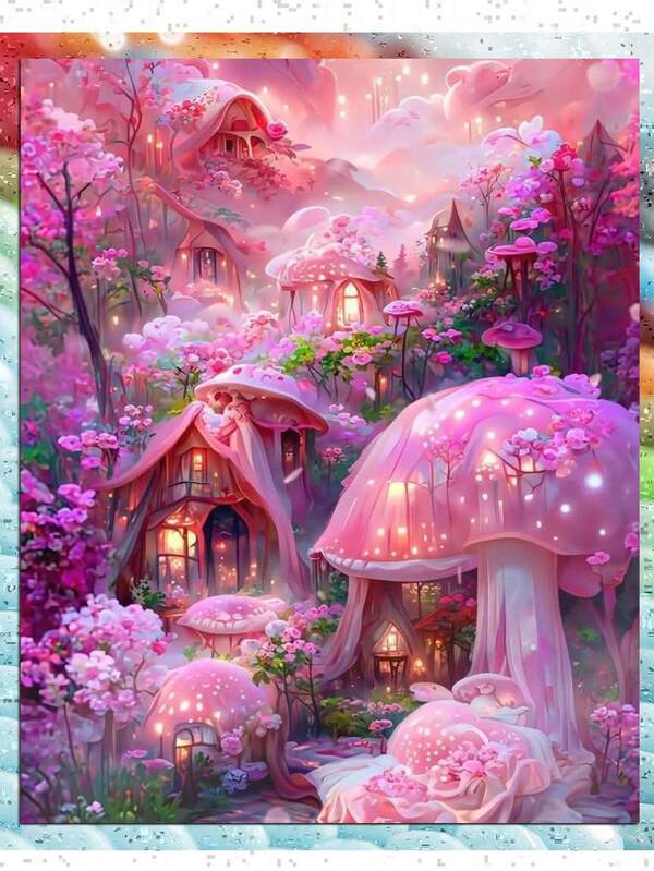 Pink Magic Mushroom House 5D Diamond Painting Kit For Adults, Fantasy Landscape Full Drill DIY Round Gem Art Diamond Art Kits Painting Crafts Ideal For Beginners And Home Wall Decor