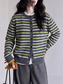 Women's Casual Minimalist Striped Design Round Neck Cardigan Knit Sweater Jacket, Autumn/Winter Fall - Grey - View 3