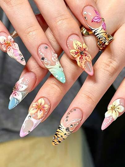 24 piezas de uñas postizas de estilo occidental de moda con forma de almendra: pegatinas de uñas con diseño floral 3D mate, estampado de tigre y bloques de color degradado