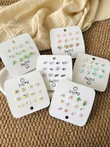 12 piezas/paquete de pendientes de botón florales pequeños y dulces versátiles, adecuados para niñas - Multicolor - Ver 7