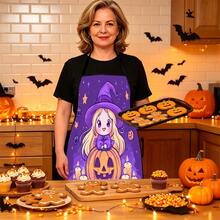 1pc Halloween Pumpkin, Ghost, Bat, Black Cat, Spider Web, Vintage Skeleton Witch, Haunted House, Halloween Pattern Apron, Suitable For Home Decor And Kitchen Use. Made Of 100% Polyester Material, Designed As Sleeveless Style, Perfect For Home Kitchen, Outdoor BBQ Cooking. This Printed Apron Is Unisex, Machine Washable And Reusable, An Essential Kitchen Accessory - Multicolor - View 11