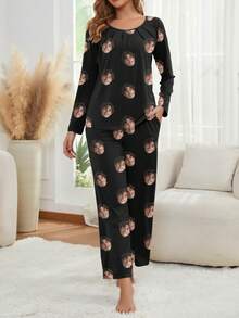 Customized Women's Sleepwear Set, Customizable With Any Unique Pattern As A Holiday Gift, Suitable For Couples, Friends, And Holiday Parties - Black - View 5