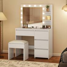 Yitahome White Vanity Desk With 12-LED Mirror & Stool, Makeup Table With Drawers And Open Shelves, Dimmable Dressing Table For Bedroom - White - View 2
