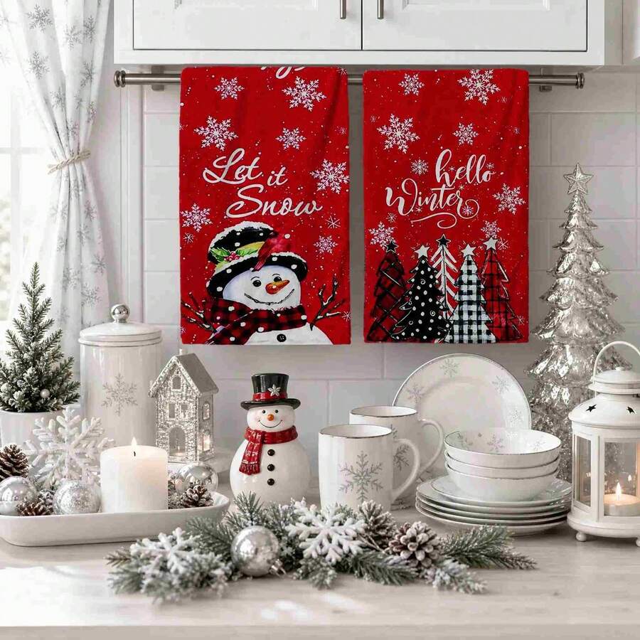 2/4/48pcs Christmas Series Red Background Winter Pine Tree Pattern Printed Kitchen Towels - Ultra Soft, Highly Absorbent Polyester Dishcloths And Hand Towels, Perfect For Holiday Decor, Kitchen Decor, Party Decor