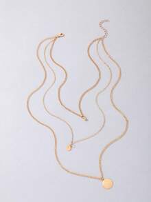 imoli 1 Set/Mature Versatile Minimalist INS Style Multi-Layer Stackable Fine Cuban Chain Long Vertical Bar & Round Disc Metal Pendant Necklace Set, Suitable For Women's Party, Commute, Casual Vacation Jewelry - 22976-nek-g-eP - View 8