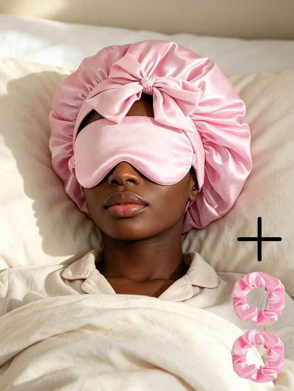 2/4/6pcs Satin Sleep Cap Set, Includes Tie-Up Night Cap, Eye Mask, Hair Scrunchie, Multi-Functional Night Sleep Cap Gift Box, Suitable For All Seasons, Summer Home Use