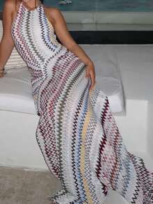 Top Dazzle Women's Sexy Knitted Halter Neck Backless Sleeveless A-Line Slit Maxi Dress, Medium Stretch Fabric - White - View 5