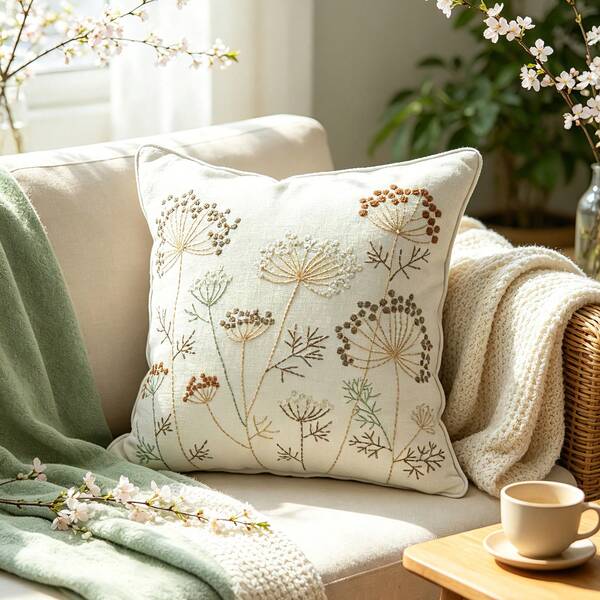 1pc Home Embroidery Throw Pillow Cover 12x20 Inch - Spring/Summer Bohemian Style Decorative Pillow Case With Zipper, Suitable For Living Room Sofa Bed, Aesthetic Floral Bee Design Cushion Pillowcase, Beige
