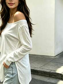 Slouchy Asymmetrical Off-Shoulder Long Sleeve T-Shirt, Slightly Sheer Loose Fit Grey Sexy Style Base Layer, Korean Off-Shoulder Sun Protection Cover-Up For Women - White - View 4