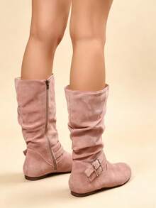 Women's Ruched Mid-Calf Boots With Strap Buckle Side Zipper Flat Heel Round Toe Elegant Versatile Comfortable Vacation Commute Daily Fashion Boots - Pink - View 3