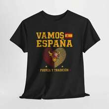 Camiseta Vamos España - Camiseta con Corazón de Huella Dactilar Orgullo Español - Camiseta con Gráfico de Toro: Fuerza y Tradición - Regalo de Cultura y Herencia Española - Negro - Ver 1