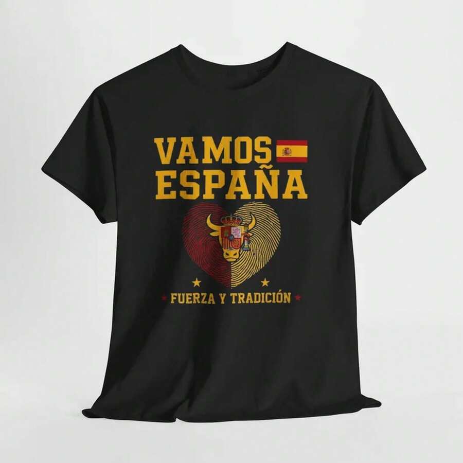 Camiseta Vamos España - Camiseta con Corazón de Huella Dactilar Orgullo Español - Camiseta con Gráfico de Toro: Fuerza y Tradición - Regalo de Cultura y Herencia Española - Negro - Ver 1