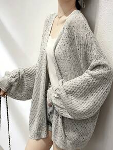 Cardigan Rajut Lengan Panjang Longgar Berlubang Motif Titik Campuran Ukuran Plus Musim Semi/Panas, Sweater Kasual Sehari-hari untuk Liburan Pantai bagi Wanita - Grey - View 3