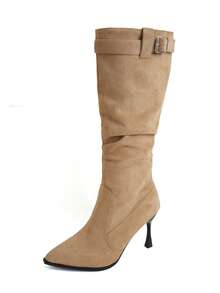 Khaki Suede Ruched High-Top Boots For Women, Pointed Toe, Stiletto High Heel, Metal Buckle, Slimming, Over-The-Knee Tall Riding Boots, Elegant Style - Khaki - View 7