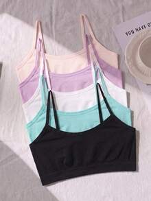 5pcs Cute Teenager Non-Wired Non-Padded Camisole Bra, Casual Comfortable Strap Sports Bra, Suitable For Daily Basic Wear - Multicolor - View 1