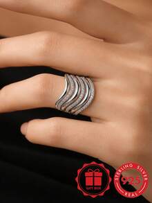 1pc S925 Sterling Silver Round White Zirconia Inlaid Ring For Women Engagement Wedding Band With Gift Box - Silver - View 3