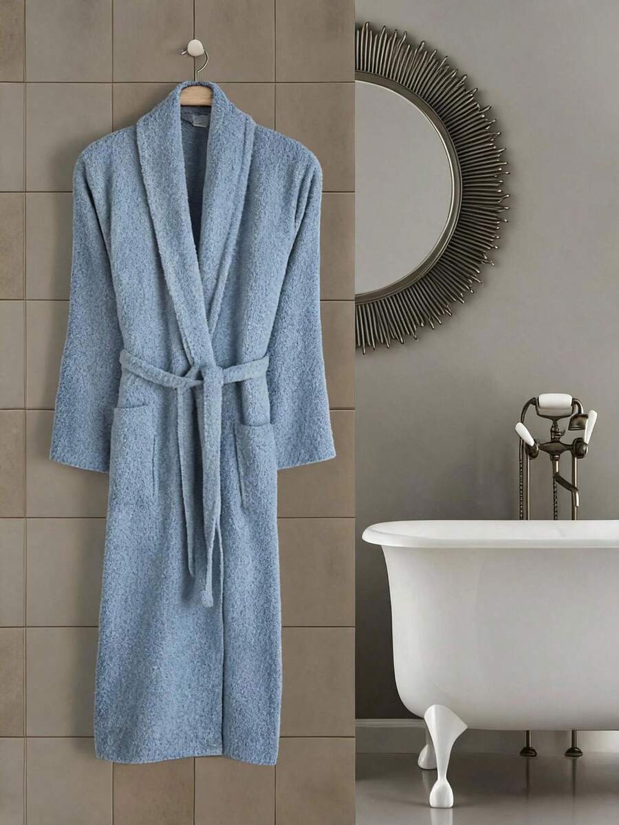 Bathrobe Soft Touch Contain Cotton Bathrobe For Women & Men - Made In Turkey, Lightweight, Absorbent, Comfortable Bath Robe - Dusty Blue - View 1