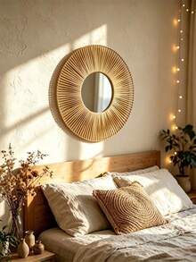1Pc/2pcs Boho Handwoven Rattan Sunflower Round Wall Mirror,Rattan Woven Bamboo Glass Wall Mirror,Easy Install All Season,Floral Rattan Bathroom Vanity Mirror,Perfect Birthday Christmas & Mother's Day Gift-For Home Decor,Bedroom Decor,Wall Decor - Multicolor - View 14