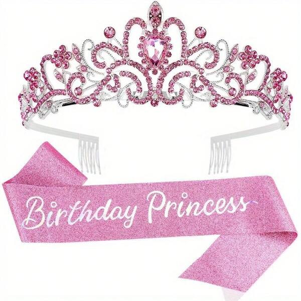 Bling Rhinestone Crystal Crown Tiara Birthday Princess Sash Crown Girl Birthday Party Decoration Headband Hair Accessories