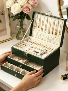 1pc 3-Layer Jewelry Storage Box, Large Capacity With Lock, Large PU Leather Jewelry Box, Watch Storage Box, Bracelet Storage Box, Drawer-Style Jewelry Storage Display Box, Vanity Storage Box, Jewelry Organizer Box, High-Quality Desktop Storage Box, For Storing Rings, Necklaces, Bracelets, Earrings And Pendants, Perfect Gift For Women. Holiday Gift, Women's Gift, Christmas Gift. - Multicolor - View 4