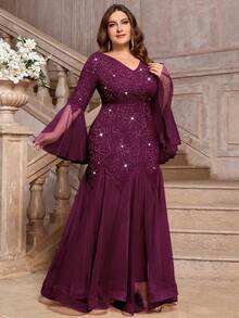 Plus Size V-Neck Floral Lace Sequin Patchwork Contrast Mesh Long Sleeve Mermaid Hem Evening Party Dress, Wedding Guest Dress, Prom Dress, Birthday Suitable - Maroon - View 8