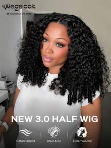 MEGALOOK 3-In-1 Burmese Curly Half Wig, Instant Wear No Glue Half Wig, 100% Human Hair, Drawstring Cap, Invisible Hairline, Beginner Friendly, High Density Seamless Blend, Summer Hairstyle, Beach Essential - SNatural - View 3