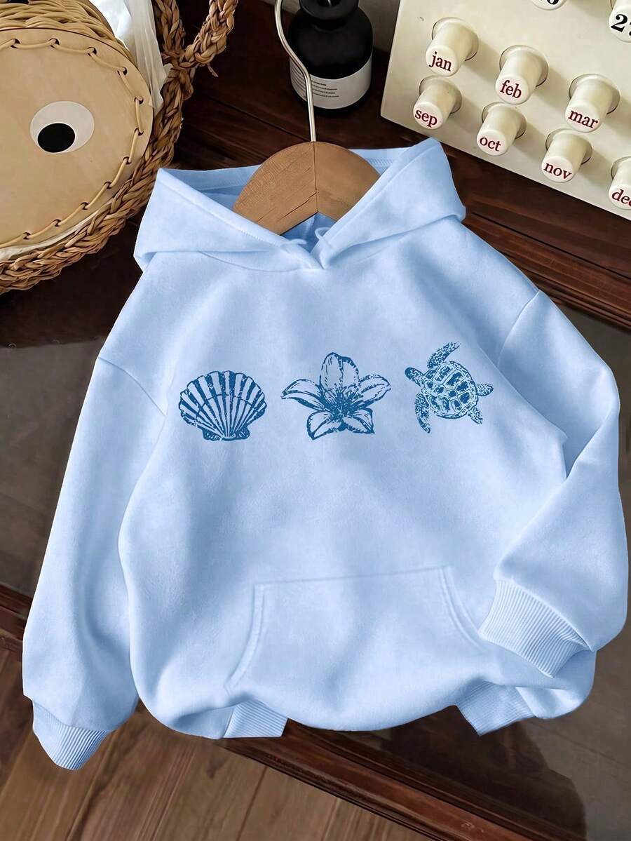 Women's Floral Shell Turtle Pattern Blue Hooded Sweatshirt, Island Vacation, Warm Thermal Lined Sweatshirt, Autumn/Winter Fall - Multicolor - View 1