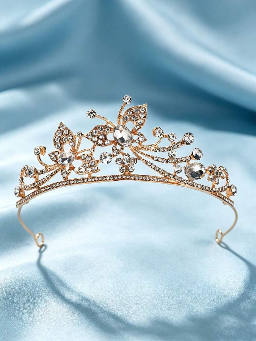 1 Stück modisches, exquisites Schmetterling-Strass-Kronen-Haaraccessoire für Frauen, geeignet für Hochzeit, Party, Halloween-Kostüm - Gold - Übersicht 1