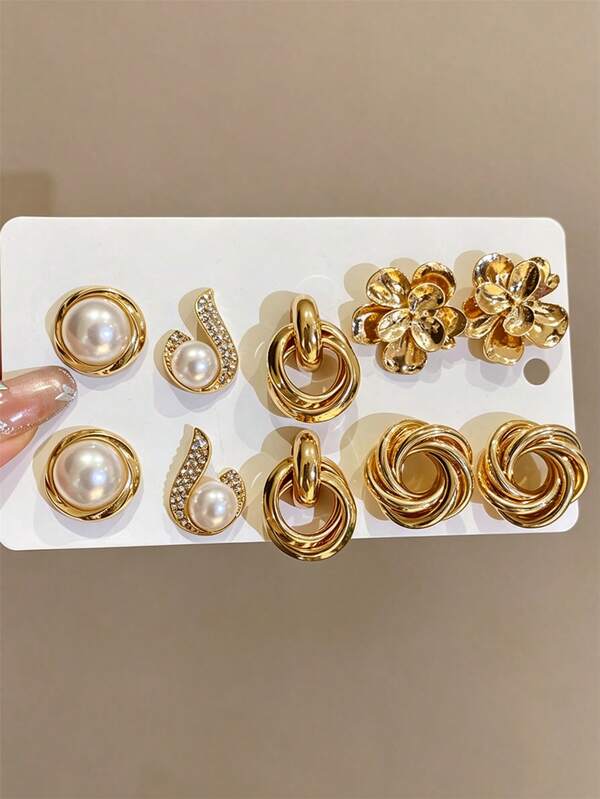 10pcs Fashionable Personalized Pearl Geometric Round Stud Earrings Sweet Romantic Multi-Style Crystal Flower Earrings For Women Girls Party Banquet Travel Vacation Birthday Gift Accessories Jewelry