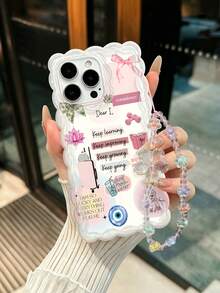 1pc Positive Energy English Quote Life Illustration Collage Pattern Flexible TPU Anti-Fingerprint Soft Material Cream Wavy Edge Full Coverage Phone Case With Transparent Flower Beaded Lanyard, Compatible With All Apple Phone Models, Artistic Daily Versatile Niche Style - Multicolor - View 2