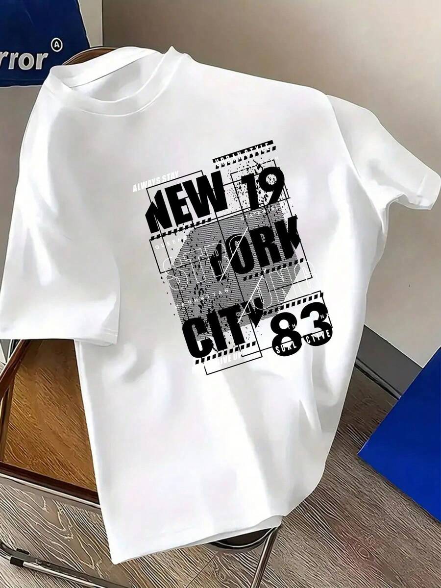 On,Crewneckshortsleevedprintedwith"NEWYORK"And"NEWYORK"Pattern,ShowingtitudeComfortablecasualshortsleevedsummer,PLUSSIZE - 白色 - 查看 1