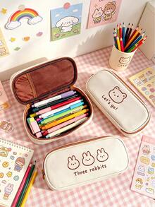1pc Girls' Niche Design Stationery Bag, Ins Style Bear & Rabbit Pencil Case, Soft Cute Cartoon Bear & Rabbit Pattern With Fun Eng, First Day Of School - Multicolor - View 1