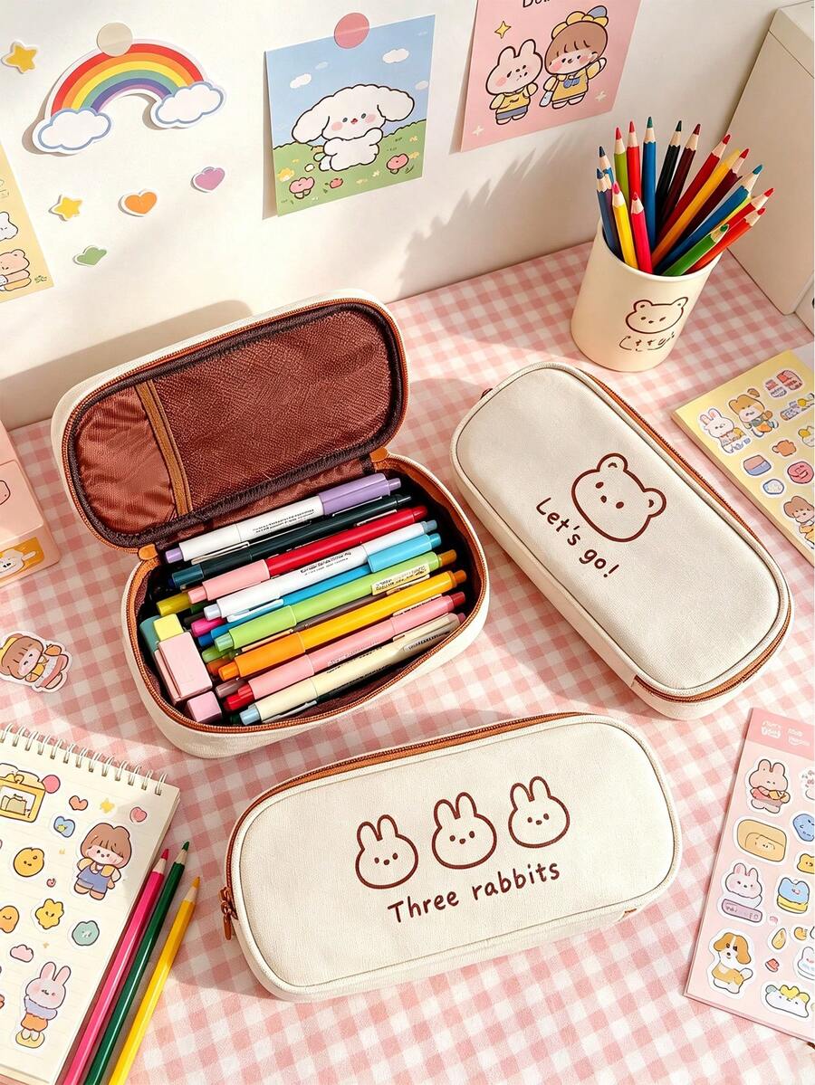1pc Girls' Niche Design Stationery Bag, Ins Style Bear & Rabbit Pencil Case, Soft Cute Cartoon Bear & Rabbit Pattern With Fun Eng, First Day Of School - Multicolor - View 1