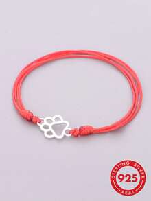 1pc S925 Sterling Silver Hollow Cat & Dog Paw Print Multi-Layer Red & Black Adjustable Wax Rope Bracelet, Minimalist Drawstring Wish Bracelet For Pet Lovers, Versatile Silver Hand Rope Accessory - Silver - View 2