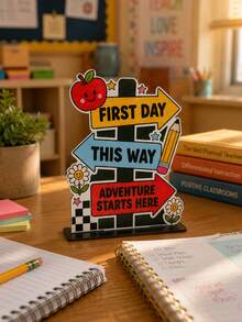 1pc Back To School Season Desktop Stand Up Sign Apple Road Sign Design Fun Multi Color Printed Desktop Ornament Suitable For Classroom Home Teaching Back To School Party Desktop Center Decoration Gift - D - View 3