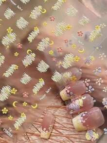 1 Peça Adesivos de Unha com Linha de Bordado de Primavera 7*8cm, Padrão Listrado Branco Creme com Pequenas Flores Amarelas e Rosas, Design em Relevo 3D de Lua e Estrelas, Flexível e Transparente com Dorso Autoadesivo, Adequado para Unhas Curtas e Longas, Material de Decoração de Arte de Unhas DIY Fresco e Suave - Multicolorido - Visão 3