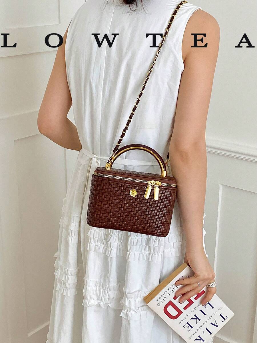 Low Tea 1件裝純色PU布料女款時尚迷你方型手提包，頂部單手柄設計，拉鍊開合，適合旅行、購物、約會，通勤、戶外、出遊，女性禮物首選