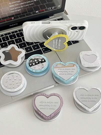 Ins Style English Ditsy Floral Mirror Phone Stand Magnetic MagSafe Strong Adsorption Ultra Clear Heart Mirror New Makeup Tool Desktop Support Stand Star Premium Air Cushion Back Sticker Case