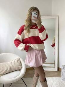 Atasan Sweater Wanita Kasual Musim Gugur/Dingin Motif Garis-garis Putih & Merah dengan Leher Bulat untuk Padu Padan Pakaian - Merah - View 8