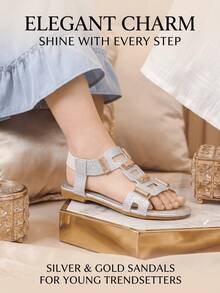 Luxury-Lite Shiny Girls' Sandals, Single Sole Design, Perfect Choice For Birthday Parties And Photo Shoots, Stand Out - Silver - View 3