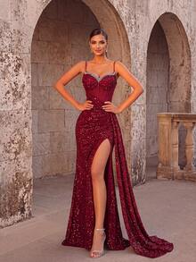 ADYCE Elegant Sequin Spaghetti Strap Rhinestone Splicing Fishbone High Waist High-Slit Sash Tie-Back For Prom Evening Date Wedding Guest Formal Dinner Party - Burgundy - View 7