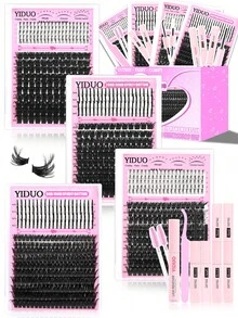 YIDUO 980pcs 6-Style Mixed Cluster Eyelash Extension Set, 80D-300D Pointed Base Dense D Curl Lashes 5-20mm, Complete DIY Kit With 2 Bottles Of Adhesive & Sealer, Remover, Tweezers And Brush, Suitable For Home Use - Multicolor - View 1