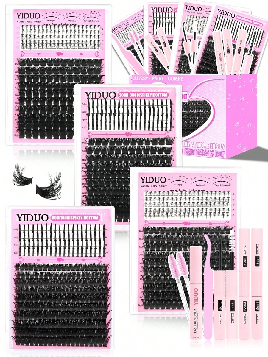 YIDUO 980pcs 6-Style Mixed Cluster Eyelash Extension Set, 80D-300D Pointed Base Dense D Curl Lashes 5-20mm, Complete DIY Kit With 2 Bottles Of Adhesive & Sealer, Remover, Tweezers And Brush, Suitable For Home Use - Multicolor - View 1