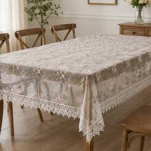 1pc Pink Pattern Embroidered Tablecloth, Lace Trim Decoration, Polyester Fabric, Embroidered Floral Pattern Tablecloth, Rectangular Square Tablecloth, Suitable For Dining Room Living Room Tabletop Decoration - White - View 10