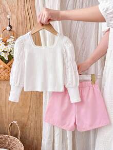 Young Girl Ruffle Collar Petal Sleeve Pearl Button Fashionable Top And 3D Floral Pleated Stylish Shorts Set - White - View 2